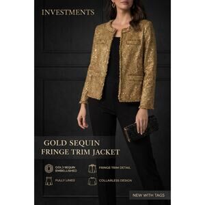 Investments Gold Sequin Fringe Trim Jacket Blazer NWT Women’s 10
